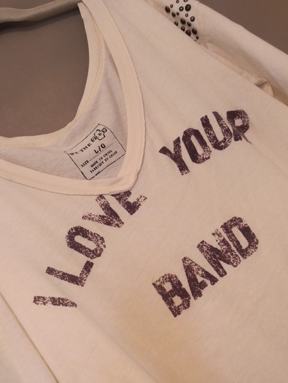 Graphic Scoop Neck Women’s Top - Cream with Distressed Black Print